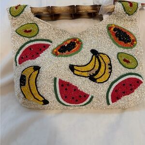 Hand-Beaded Fruit Motif Shoulder Bag in White and Yellow